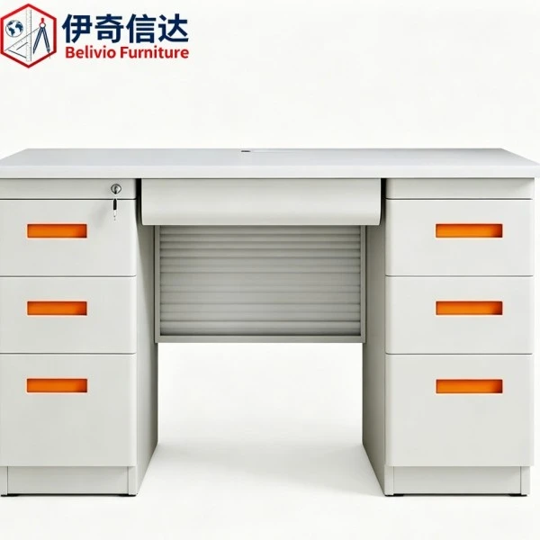 Simple Modern Office Desk - Front View with Roller Shutter