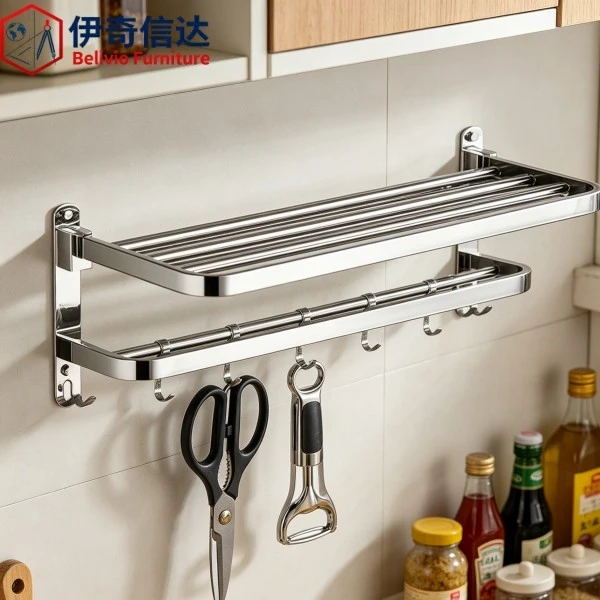 Stainless Steel Shelf with Hooks - Kitchen Utensil Organizer
