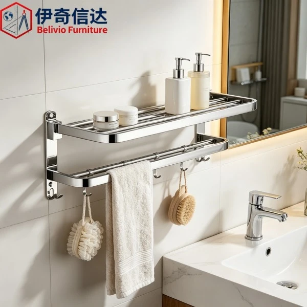 tainless Steel Shelf with Hooks - Bathroom Towel Rack Scene