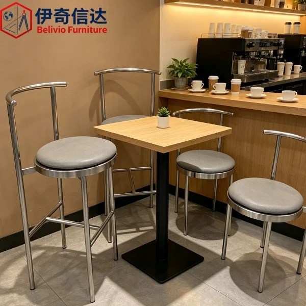 Stainless Steel Stool with Back - Coffee Shop Bar Scene
